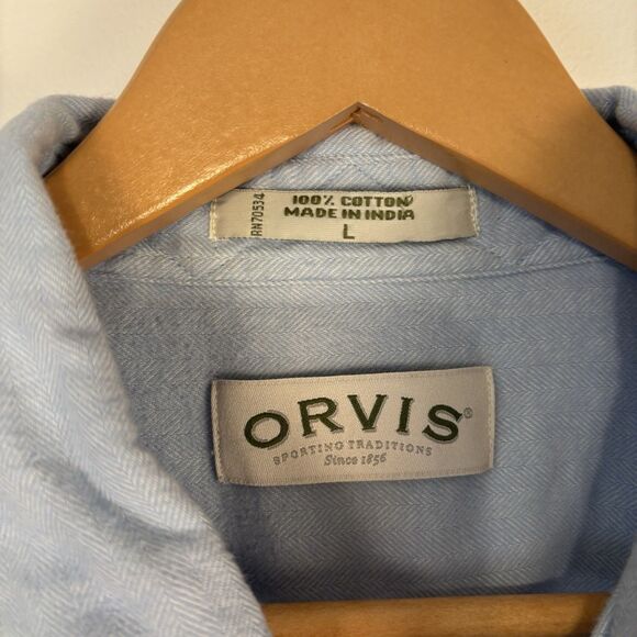 Orvis Men's Large Cotton Light Blue Flannel Shirt Button Down Soft Herringbone - Picture 5 of 7